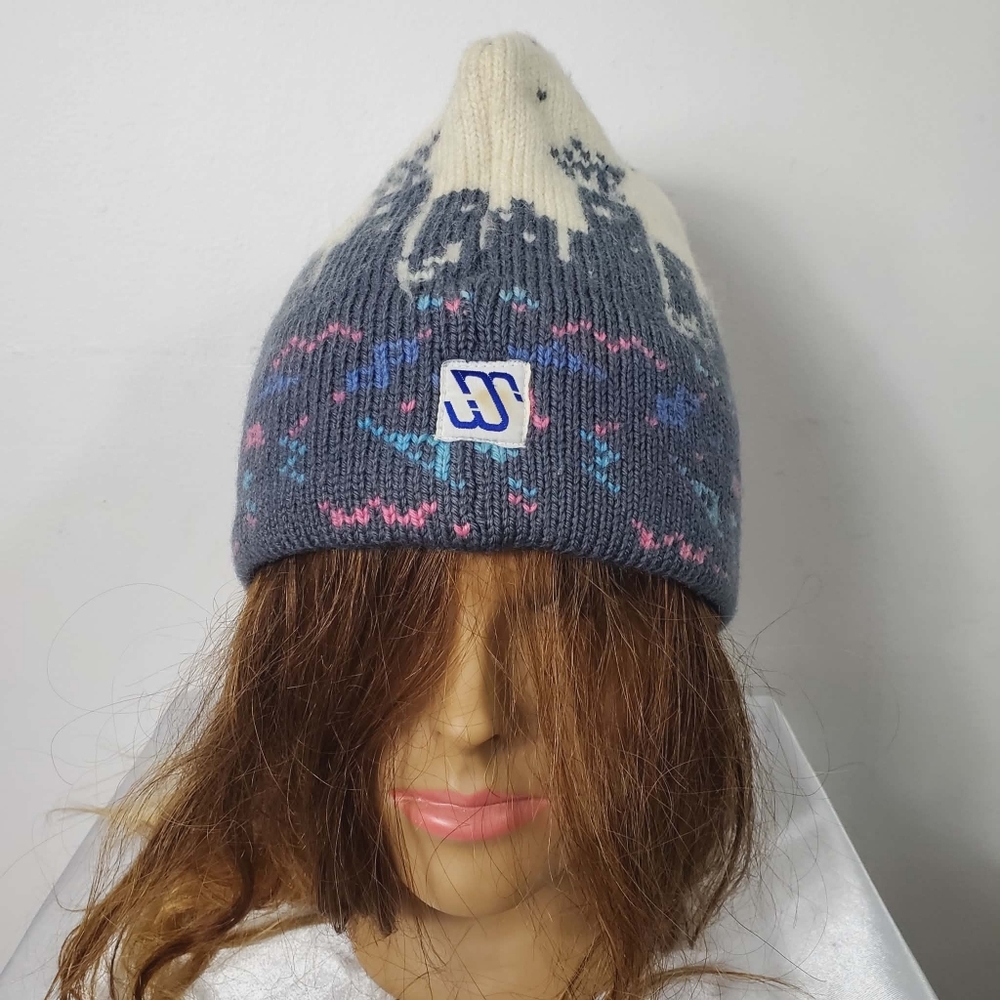 Retro 80's MURRAY MERKLEY 100% Wool Intarsia Geo Pattern Knit Beanie Hat Pom-Pom
